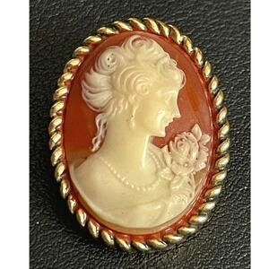 Vintage Cameo Brooch Woman Rose Portrait Gold Tone Oval Pin